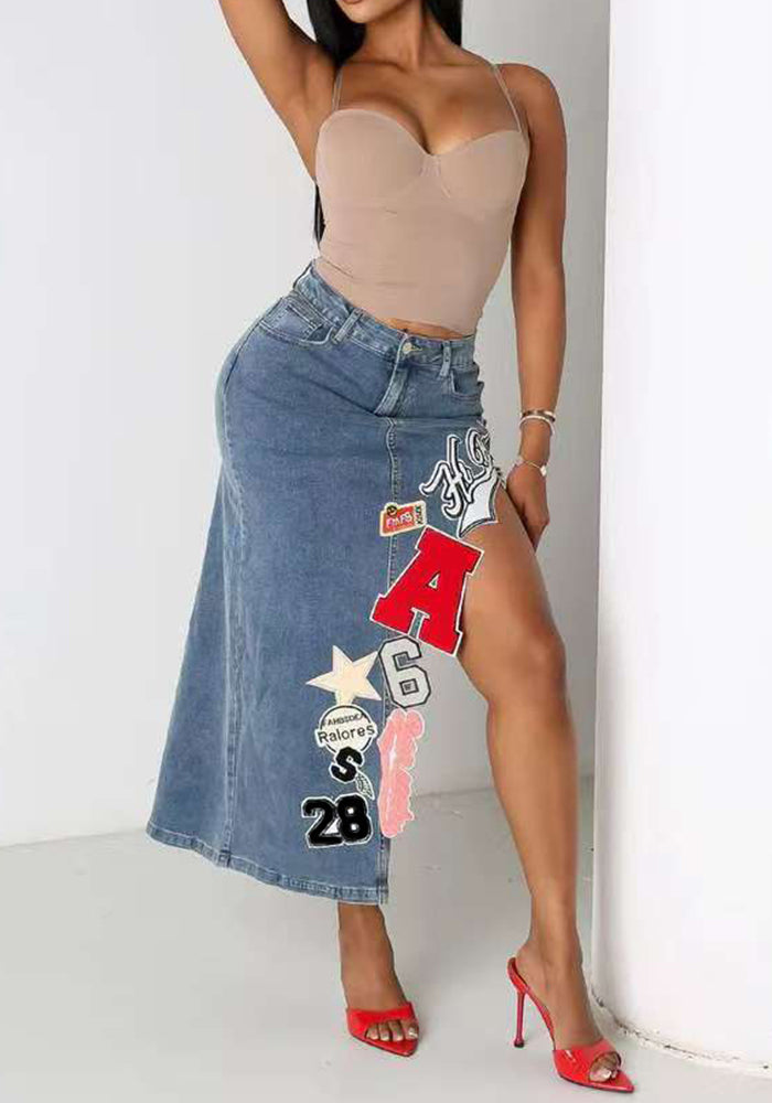 Stretch Letter Embroidered Seven-Part Denim Skirt