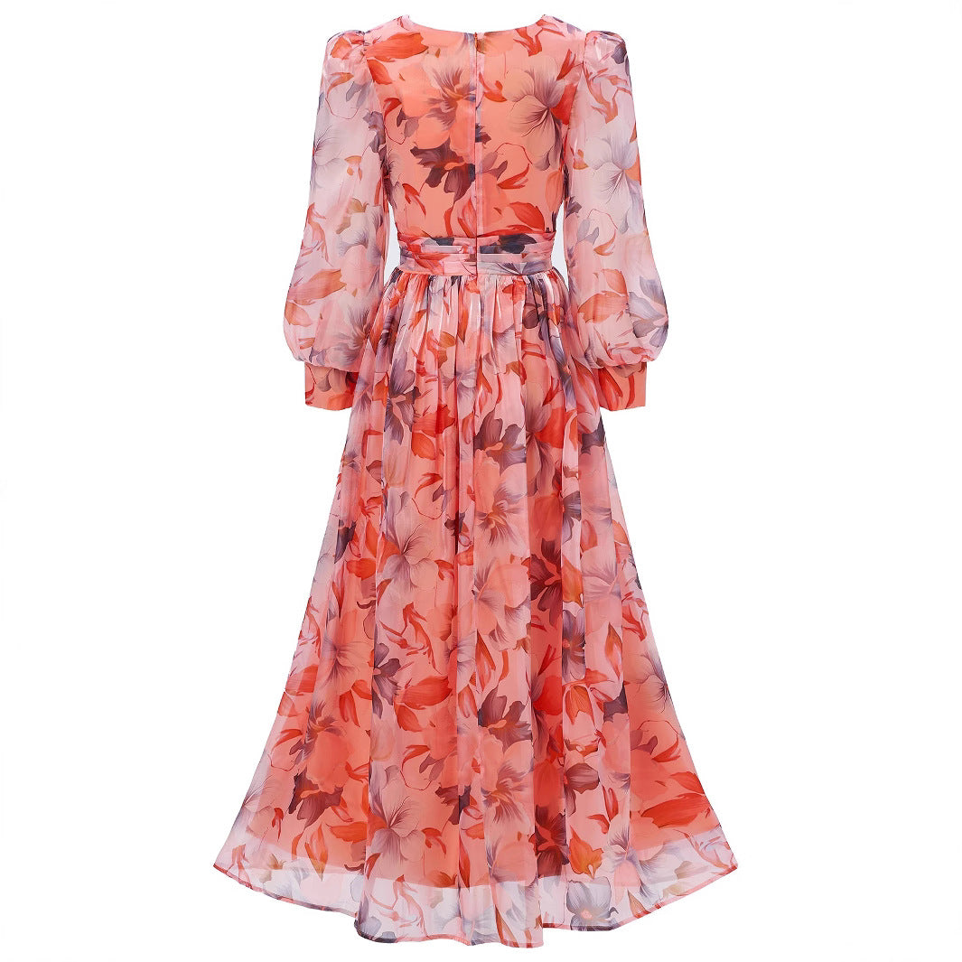 Women long-sleeved V-neck pleated Formal Party mesh dress 6