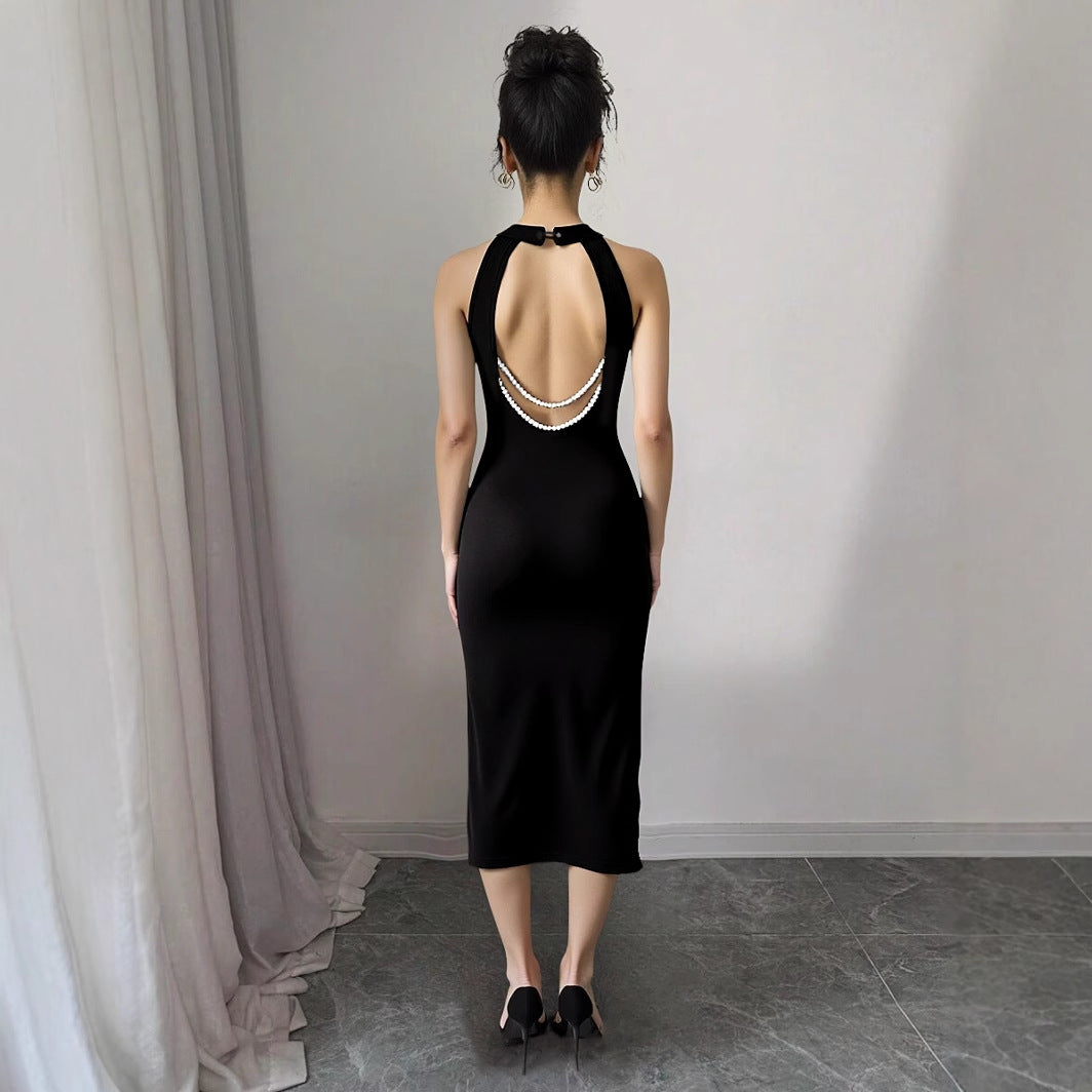 Women Halter Neck sexy Backless pearl chain fishtail Strapless dress 5
