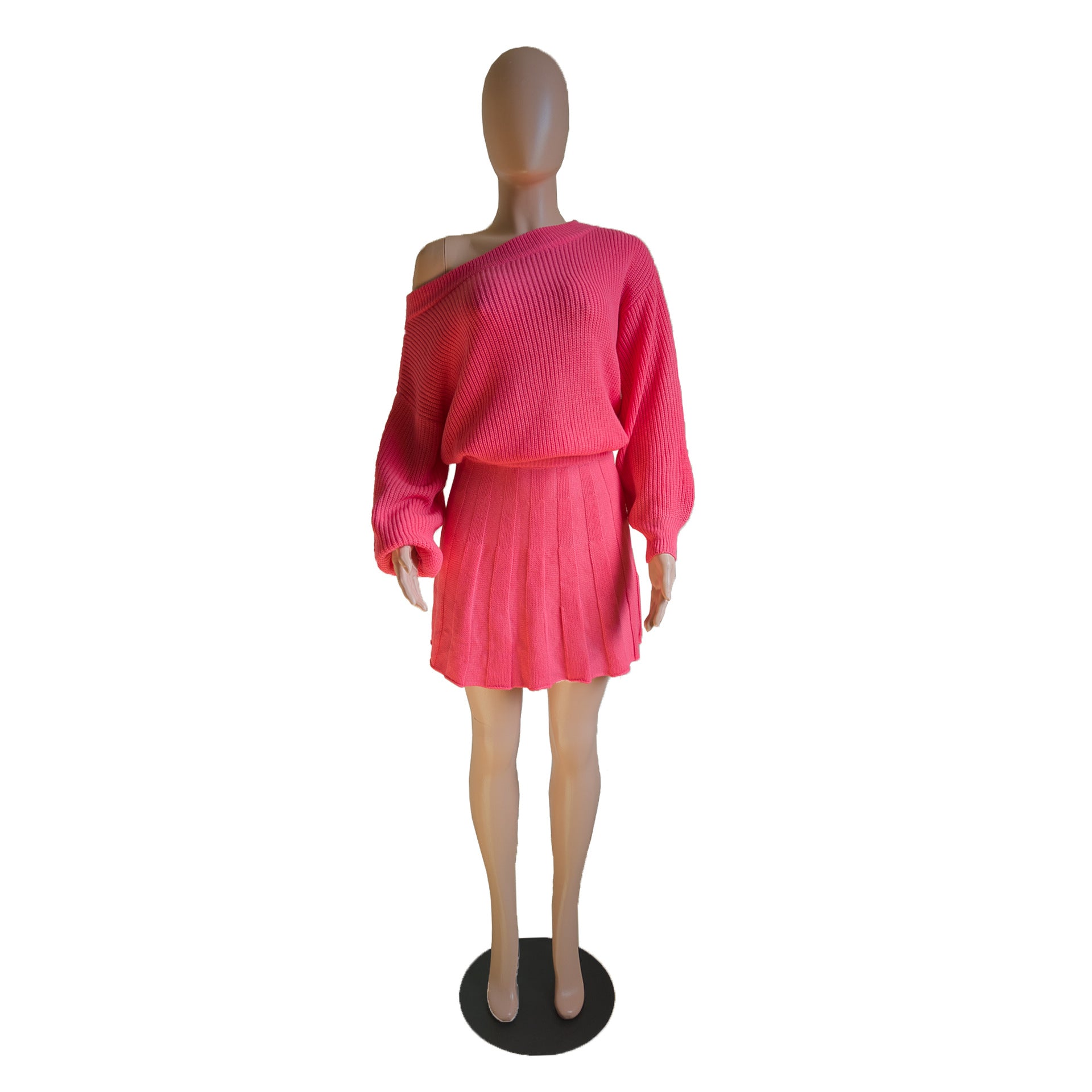 Women Fall Winter Casual Off Shoulder Solid Top and Pleated Skirt Two Piece Set 11