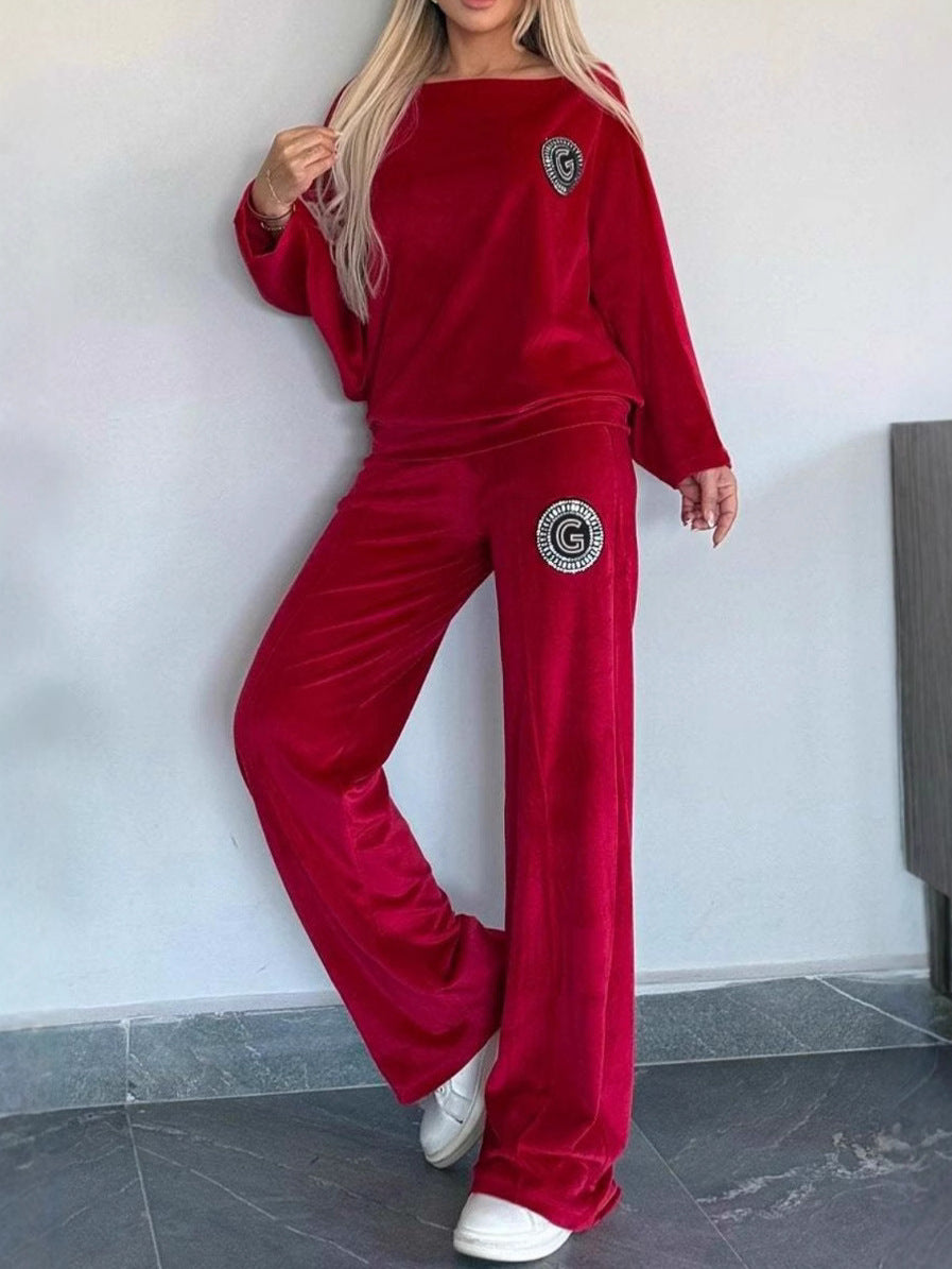 Women's Spring And Autumn Solid Color Velvet Round Neck Bat Sleeves Casual Two-Piece Pants Sets