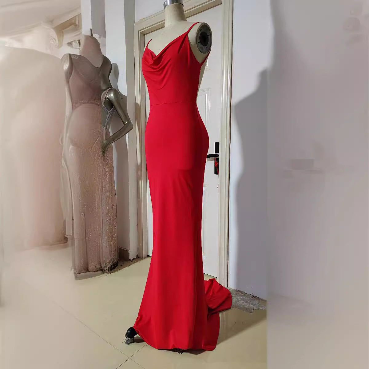 Spring Summer Women 's Strap V-Neck Low Back Long Dress 4