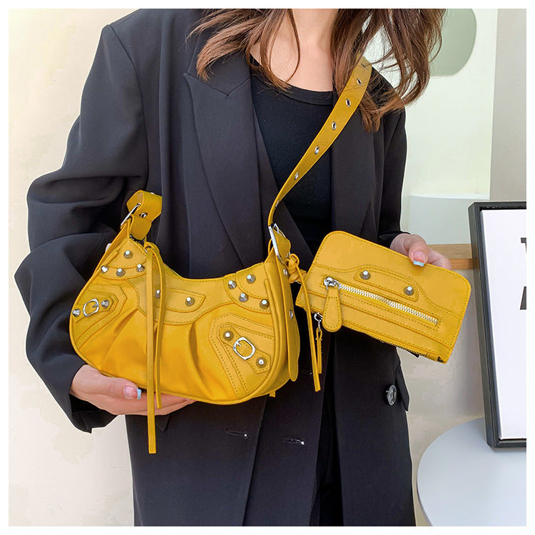 Diagonal pleated single shoulder women's retro rivet bag 48