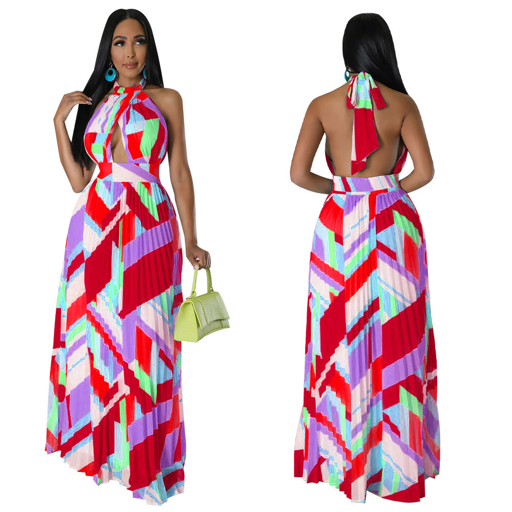 Women Halter Neck Backless Pleated Print Sleeveless Dress 4