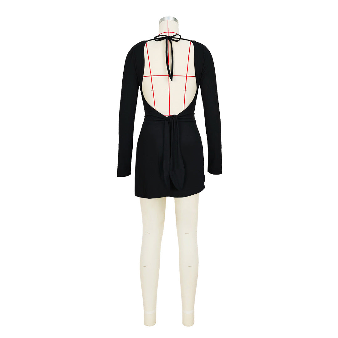 Women Sexy Backless Lace-Up Slit Long Sleeve Dress 21