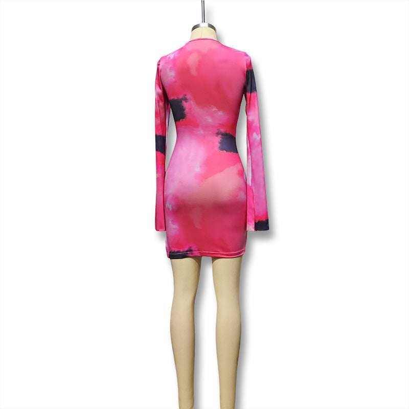 Women's Round Neck Long Sleeve Printed Chic Elegant Bodycon Dress 10