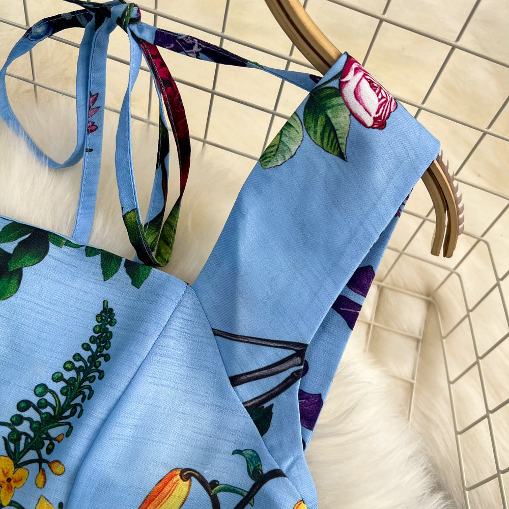 Retro Straps Fashionable Printed Slim Waist A-Line Dress Beach Holidays Long Dress 12