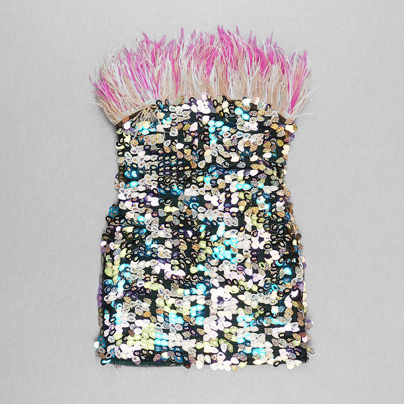 Strapless Slim Fit Feather Tight Fitting Sequin Bodycon Mini Dress 6