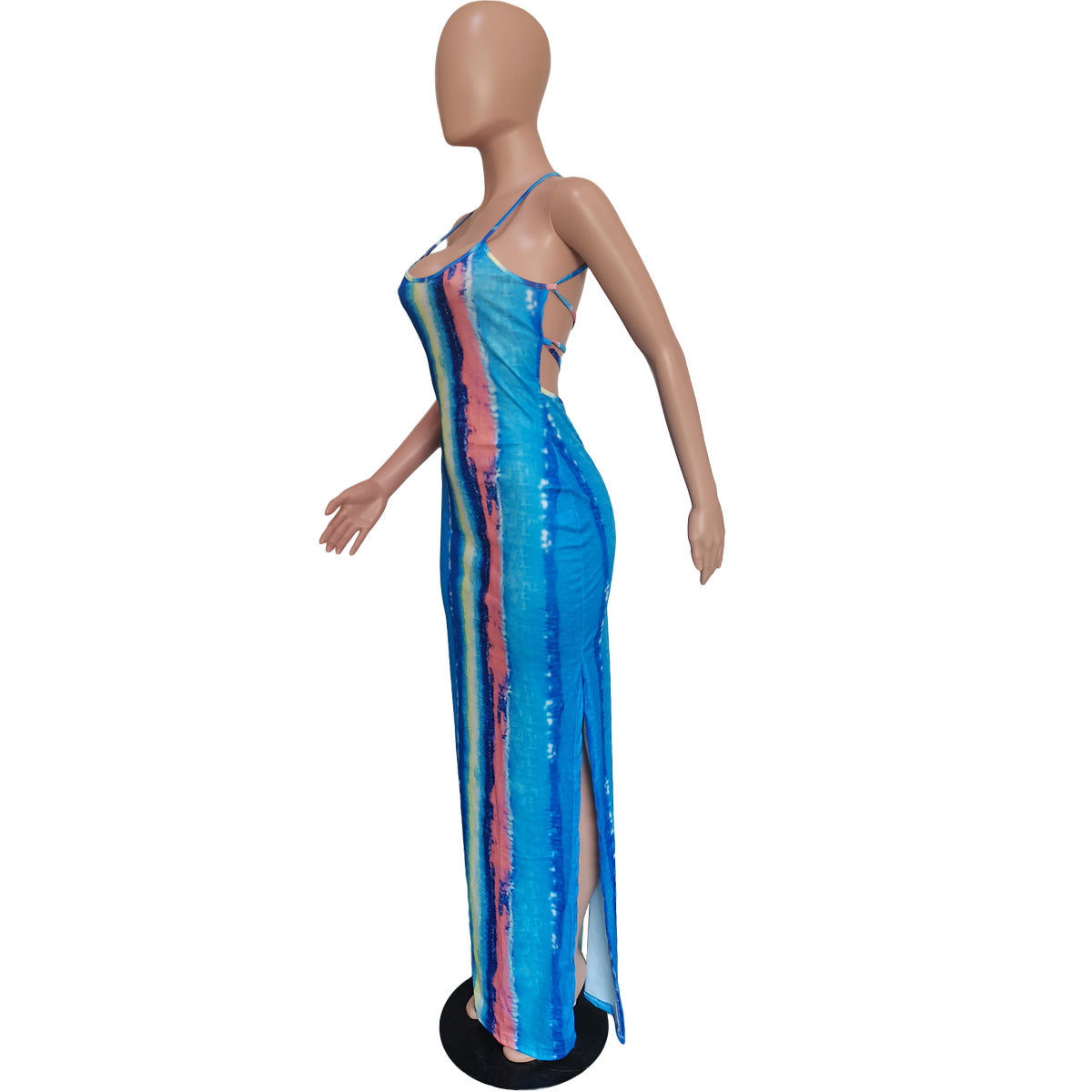 Women's Tie Dye Print Sling Low Back Slit Dress 25