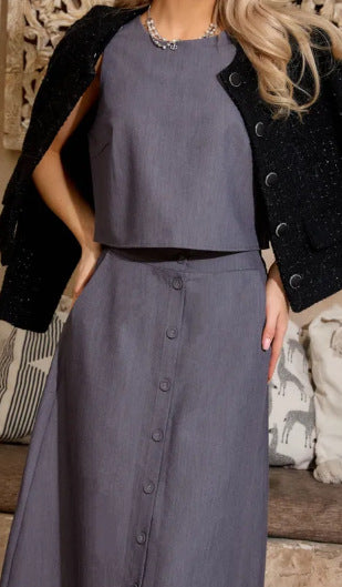 Women Casual Solid Round Neck Top and Skirt Two Piece Set 14