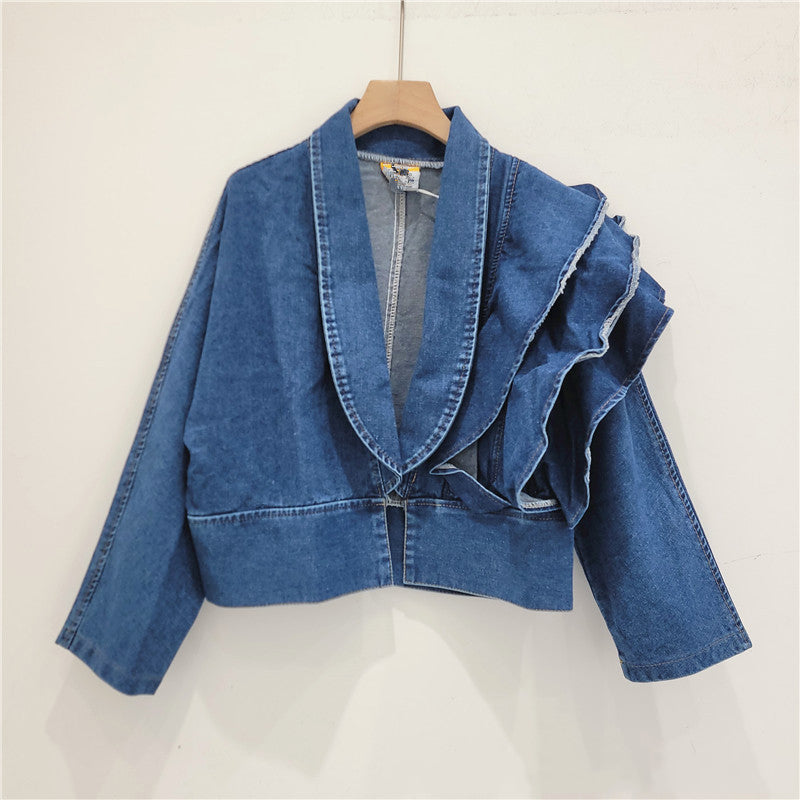 Women Trend Spring Fashion V-Neck Design Ruffle Long Sleeve Short Denim Jacket