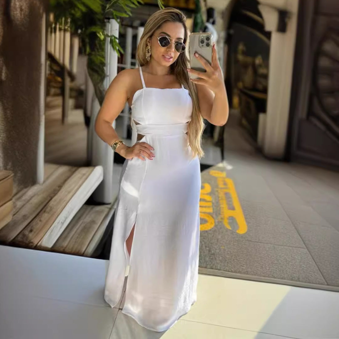 Solid Color Strap Backless Lace-Up Slit Long Dress 6