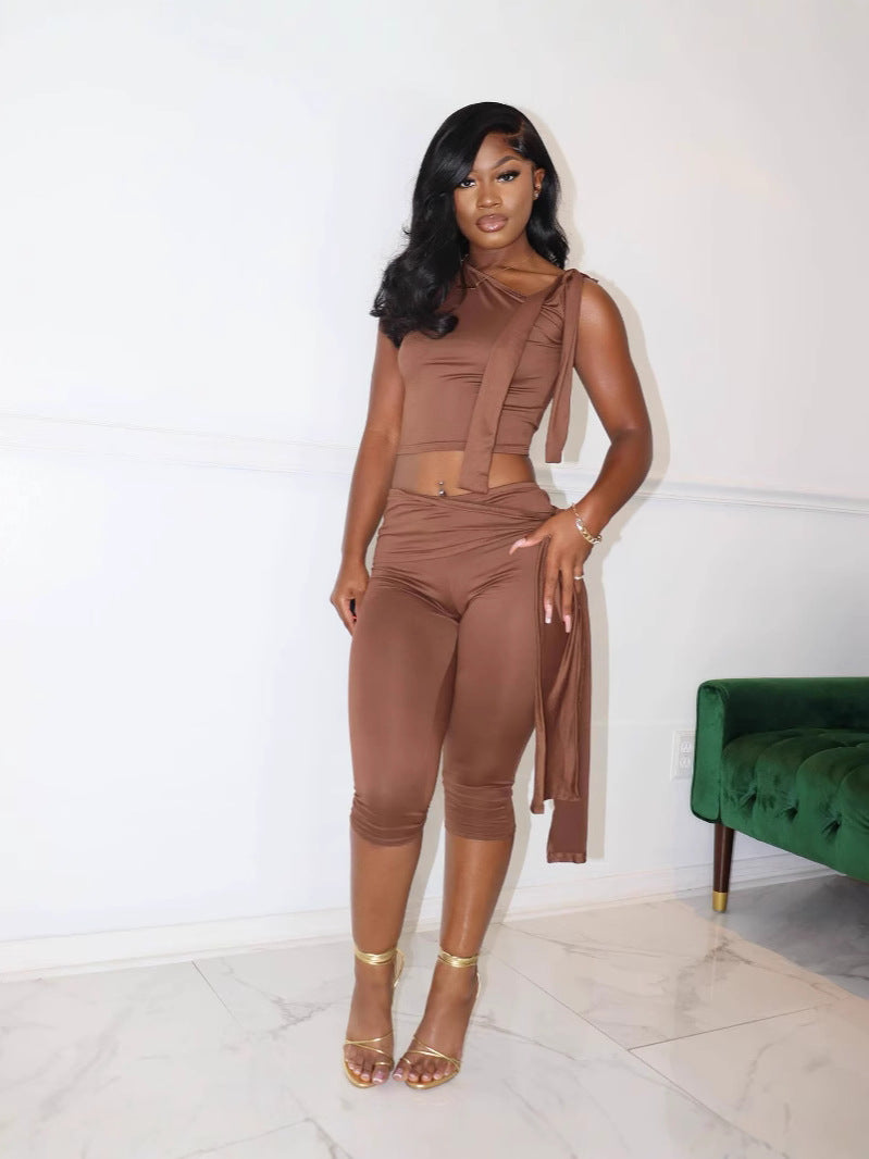 Women Slash Shoulder Lace-Up Casual Two Piece Set