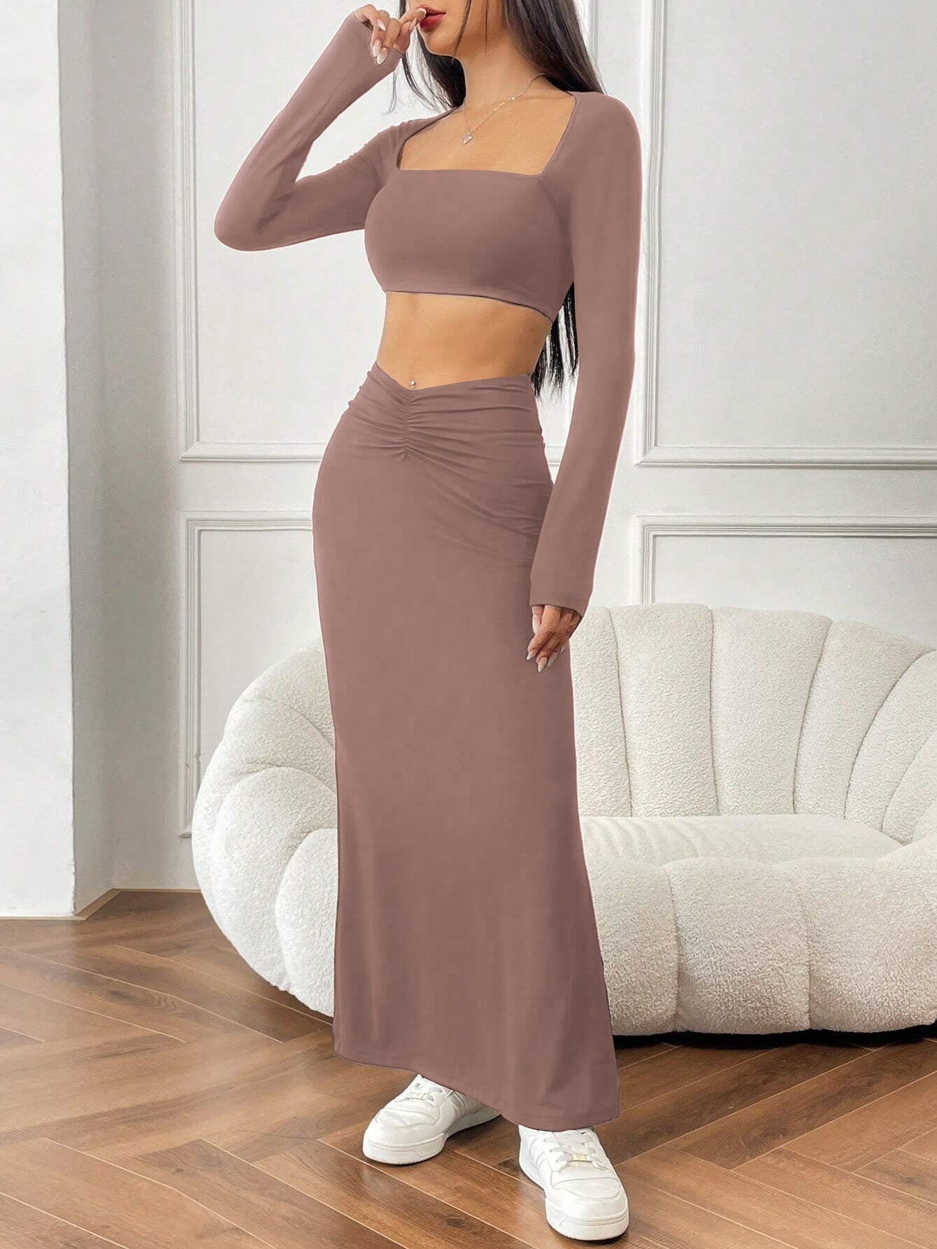 Women Autumn Winter Solid Color Casual Long Sleeve Square Neck Crop Top Fashion Fishtail Long Skirt Two Piece Set 9