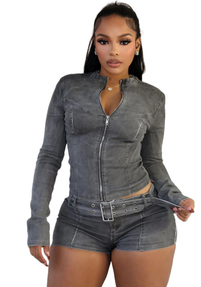 Women long sleeve Top and Denim shorts belt Two Piece Set