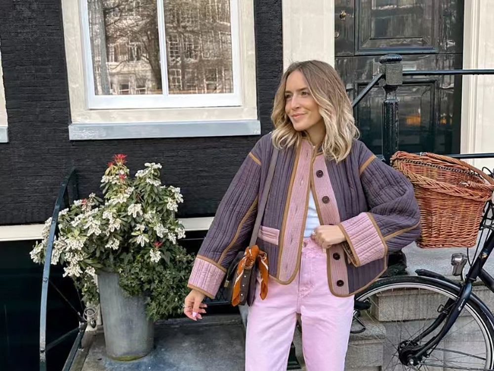 Women Fashion Contrast Color Long Sleeve Jacket 5