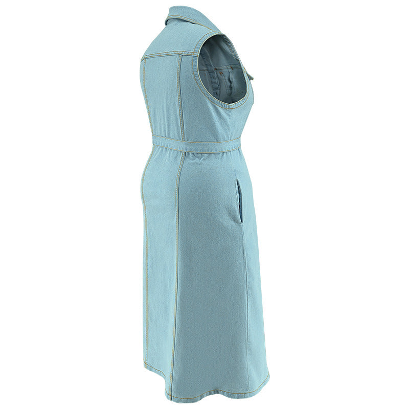 Plus Size Women's Turndown Collar Sleeveless Button Belt Denim Long Dress 7