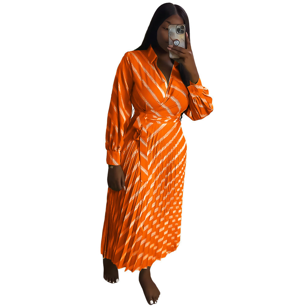 Striped Turndown Collar Casual Summer Women's  Pleated Slim Waist Long Dress