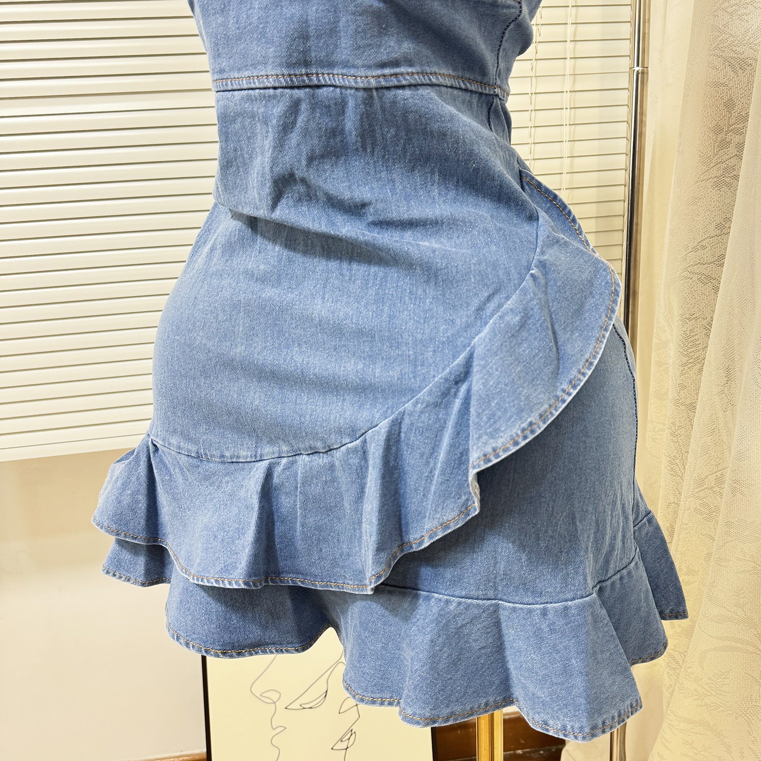 Women's Summer Elastic Slim Waist Sexy Denim Strap Ruffled Bodycon Short Dress 8