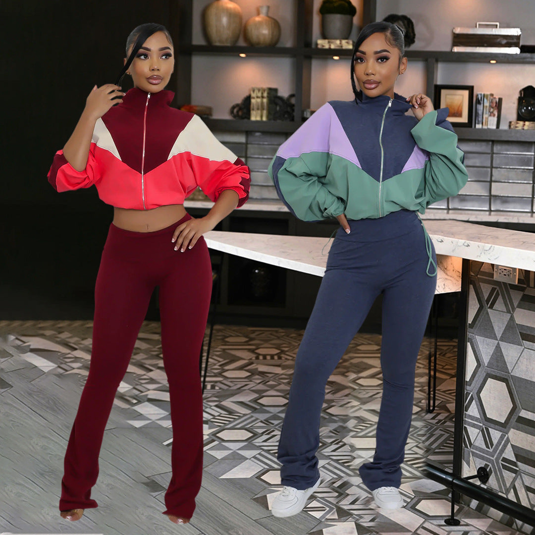 Women Contrast Color Long Sleeve Top and Pants Two-Piece Set