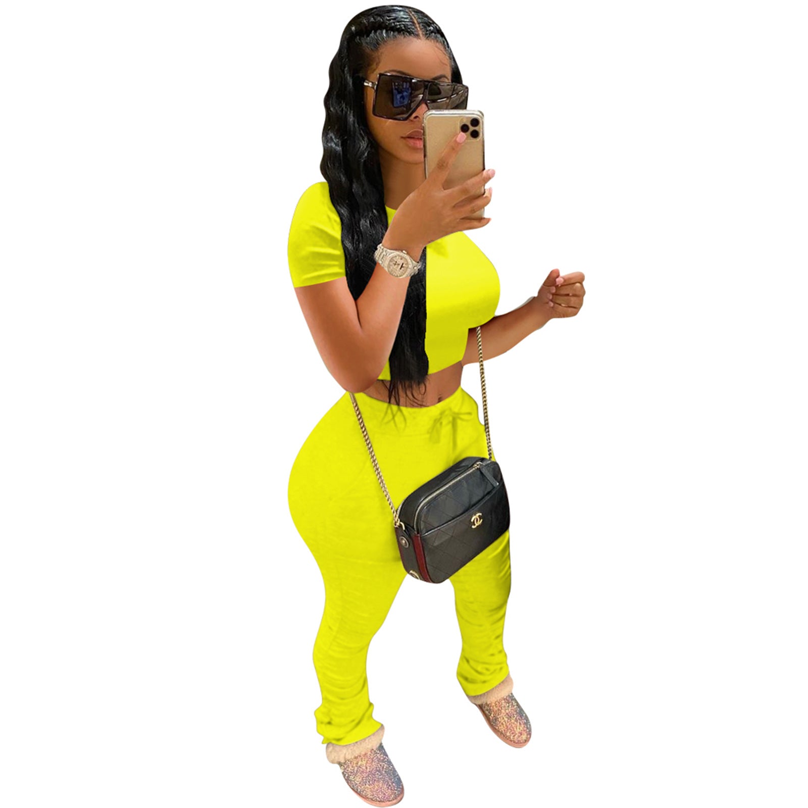 Women's Solid Color Short-Sleeved Sports Suit Two-Piece Pants Set 5