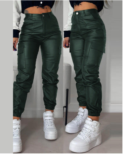 Women Zip Pleated Pockets Casual PU-Leather Pants 10