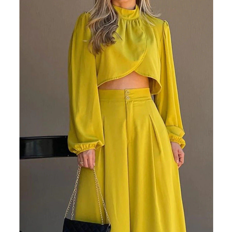 Women Irregular Top and High Waist Wide Leg Pants Two-Piece Set 4
