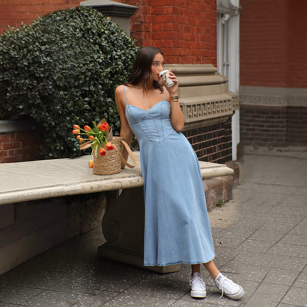 Spring Summer Strap V Neck Denim Long Dress