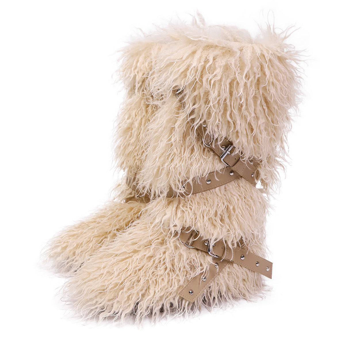 Leopard Print High Top Lace-Up Furry Boots Women Fleece-Lined Studded Thick Sole Snow Boots 18
