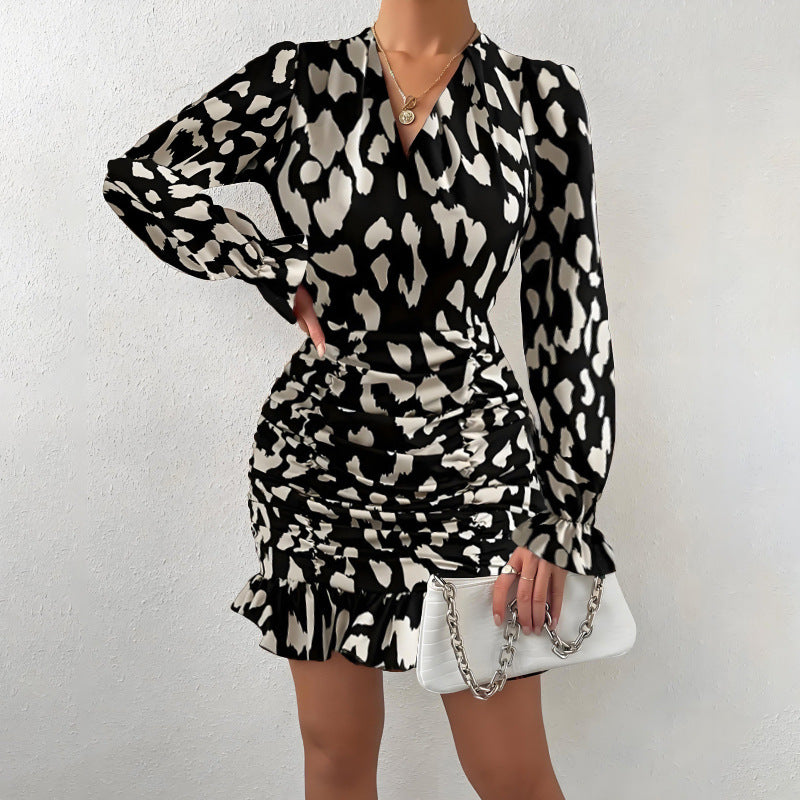 Women's Slim V-Neck Leopard Short Dress 4