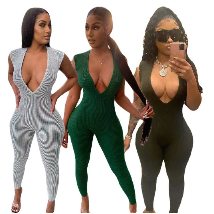 Solid Color Sexy Deep V-Neck Low-Cut Tight Fitting Women's Jumpsuit 8
