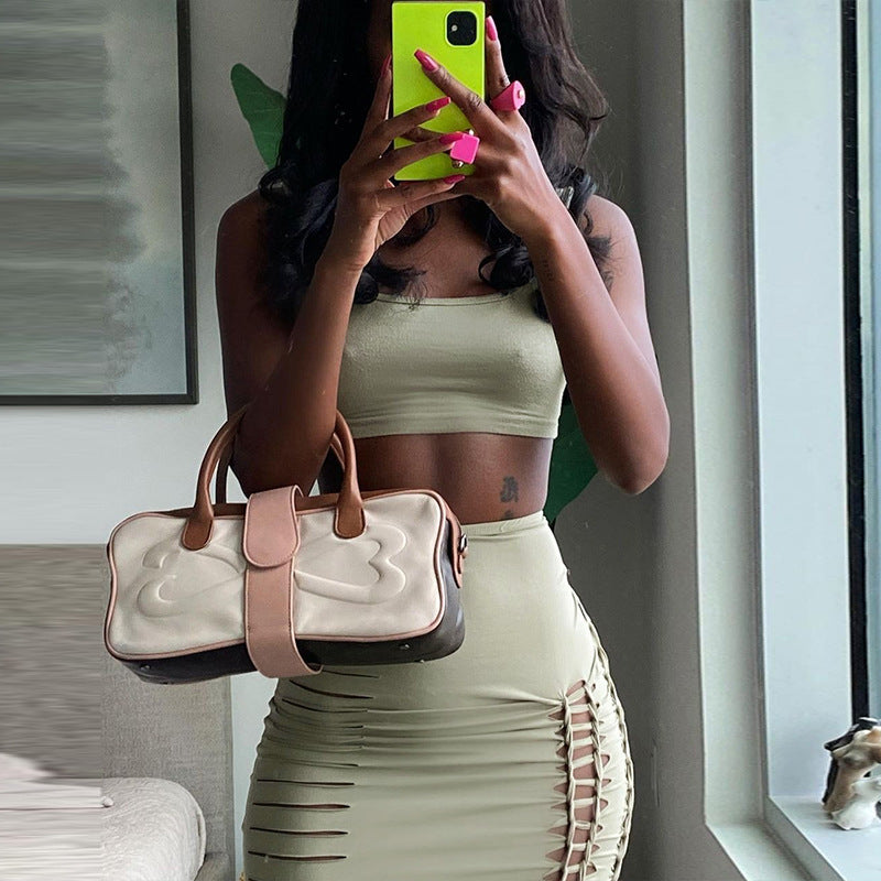 Hollow Crop Short Vest Bodycon Half-Length Skirt Suit Holidays Style Hand-Knitted Women's Tight Fitting Solid Color Two-Piece Set 7