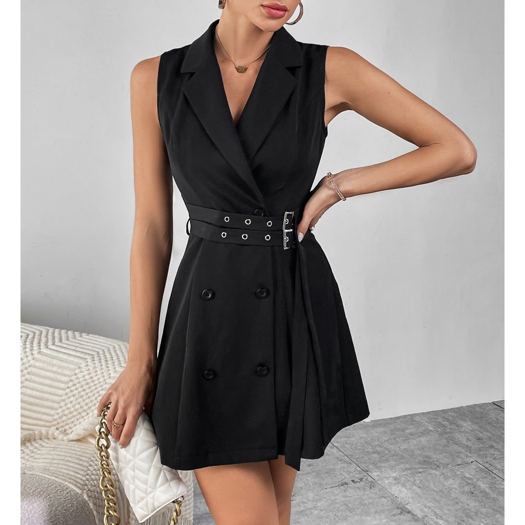 Slim Chic Sleeveless Double Breasted Slim Waist Blazer Dress 4