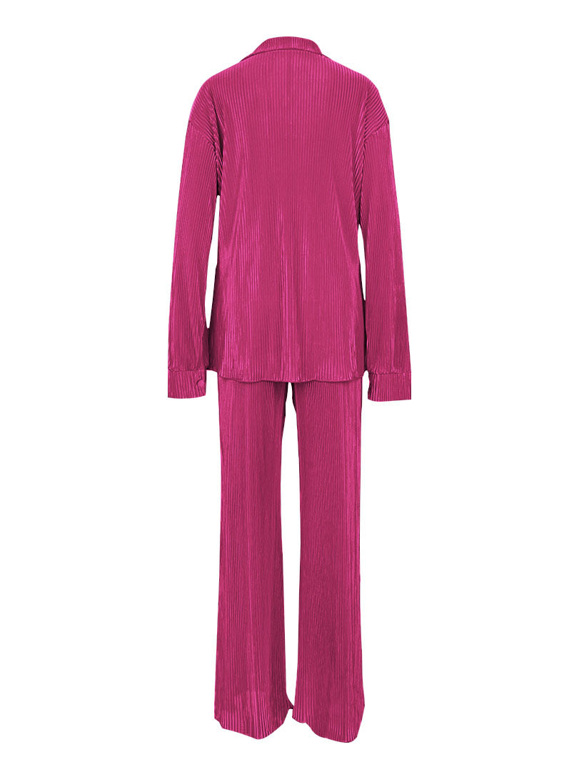 Women Clothing Autumn/Winter Solid Pleated Long Sleeve Top and Pant Two-Piece Set 17