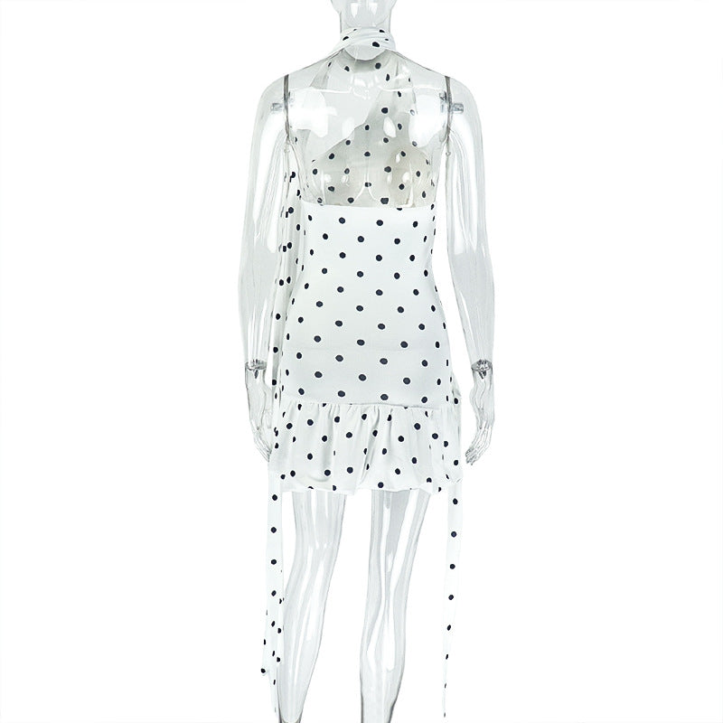 Women pleated halter neck black and white polka dot dress 6