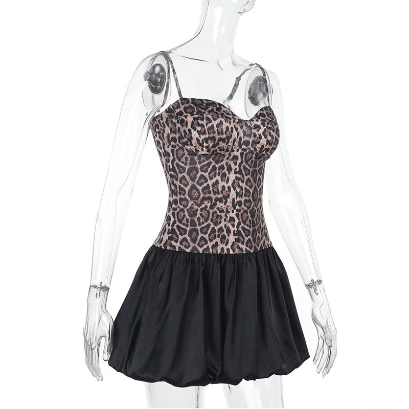 Women's Street Fashion Leopard-Print Patchwork Strap Slim-Waist Bubble Dress 7