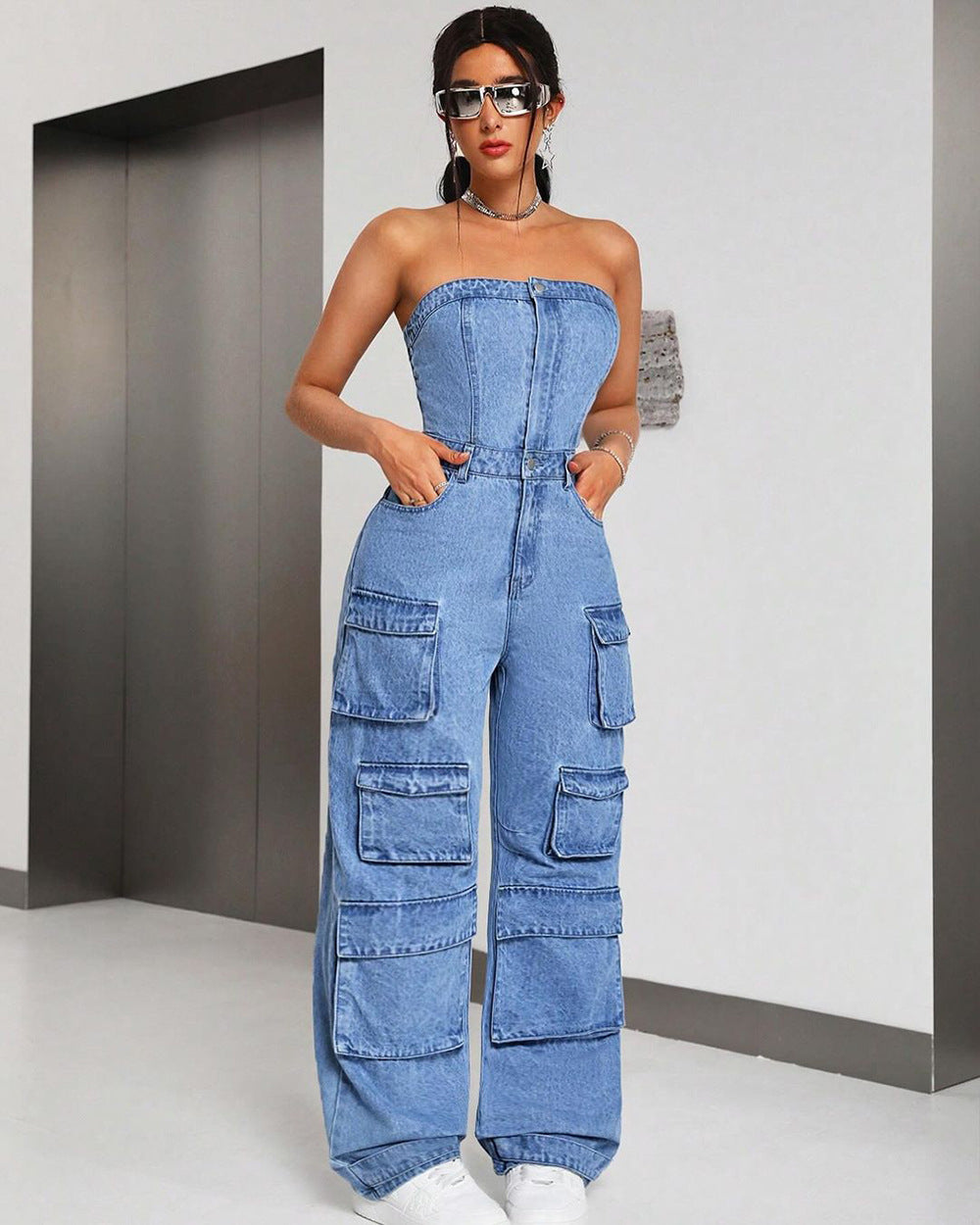 Women Strapless Cargo Denim Jumpsuit 3