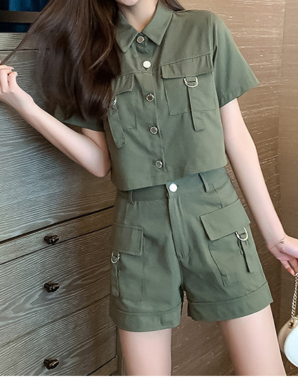 Two-piece summer Cargo style short-sleeved jacket wide-leg shorts women's suit 11