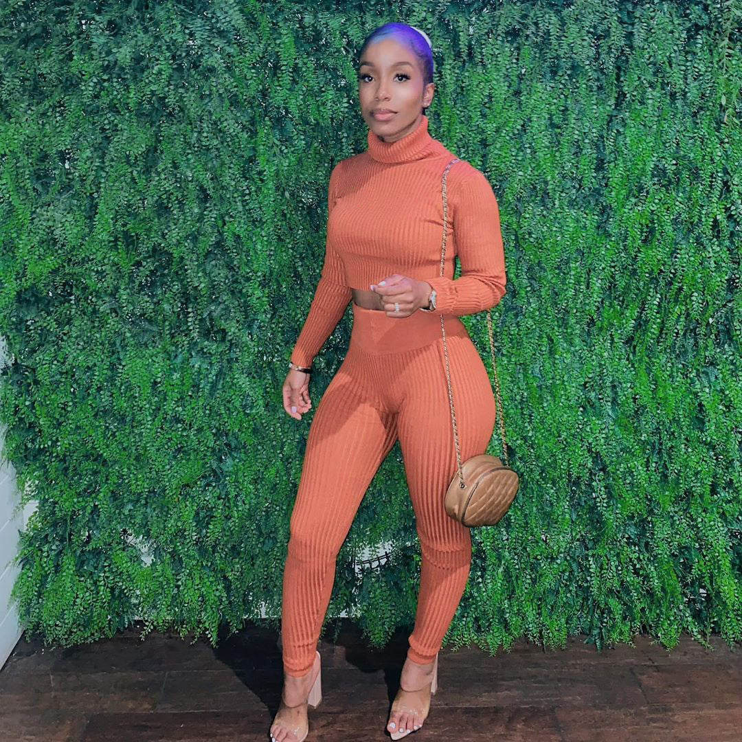 Women's Winter Fashionable solid knitting Long Sleeve Two Piece Pants set