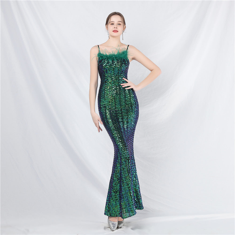 strap feather sequin evening dress luxury Formal Party gown 7