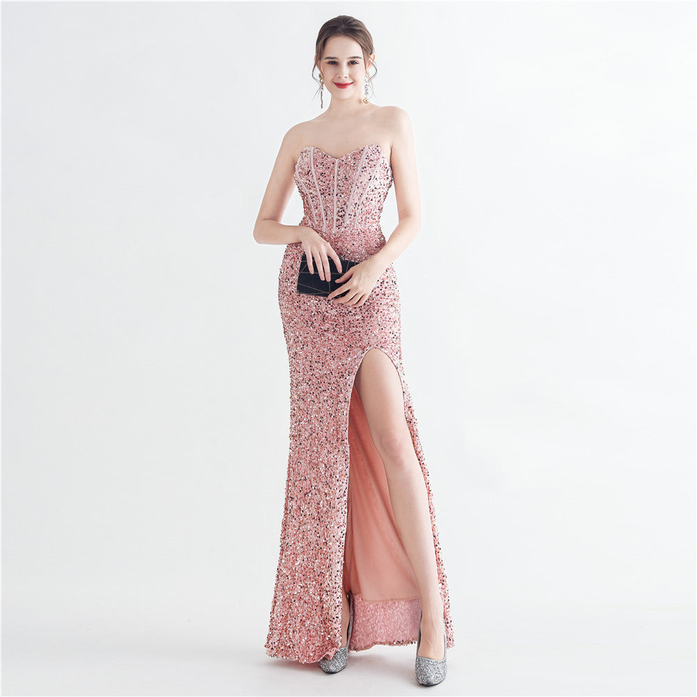 Sexy Sequins Side Slit Strapless Elegant Herringbone Evening Gown 15