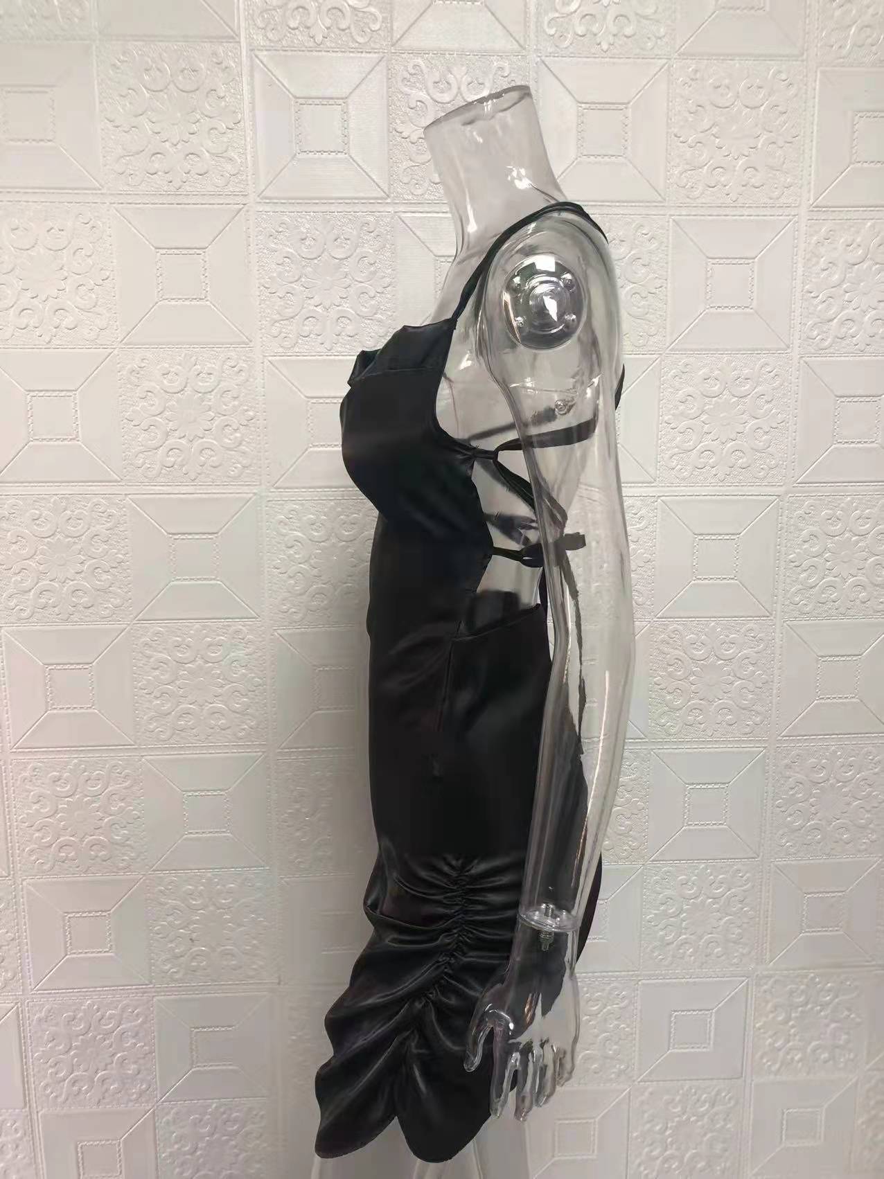 Women Sexy Strapless Pleated Backless Hollow Strap Dress 47