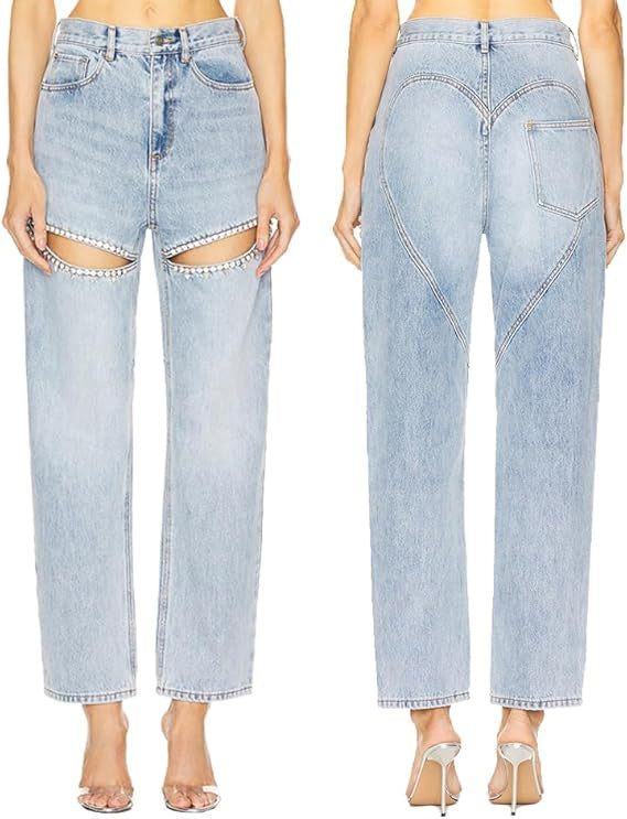 Fashion Women's Washed Multi-Pocket Hollow Diamond Washed Denim Pants 7