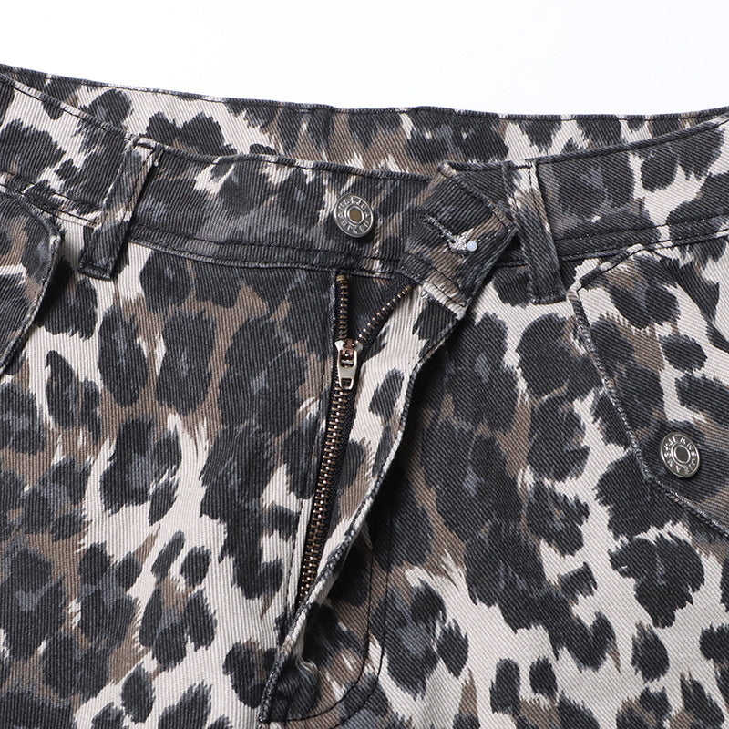 Autumn American Retro Leopard Print High Waisted Slim Fit Straight Jeans Ripped Denim Pants 12