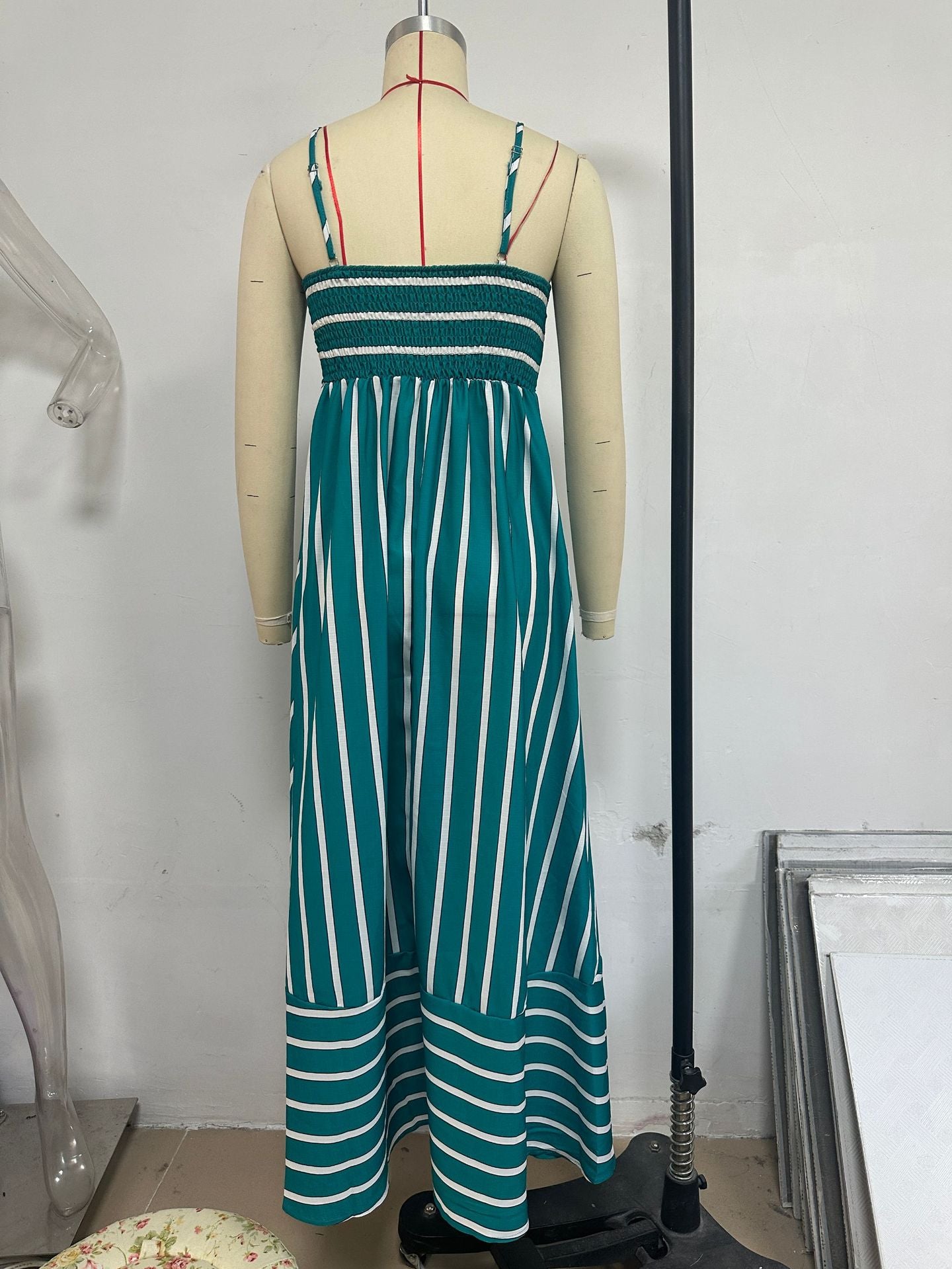 Fashionable Striped Strap High Waist A-Line Long Dress 11