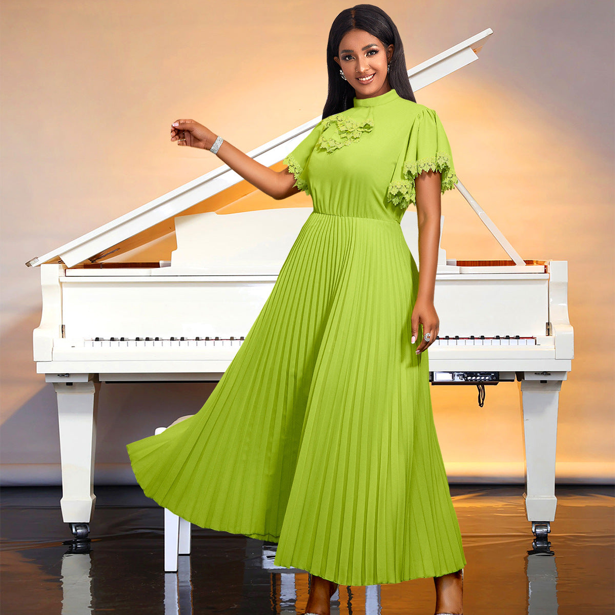 Fashion Elegant Green High Waist A-Line Pleated Formal Party Dress