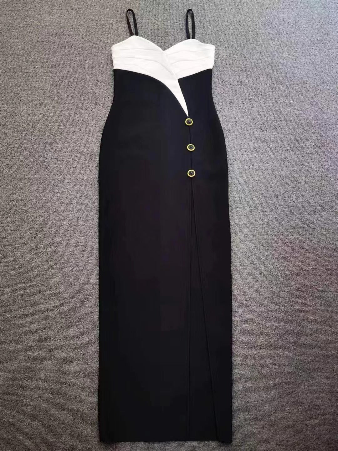 Color-Block Strapless Sleeveless Dress V-Neck Button-Down High-Slit Sexy Bandage Gown 10