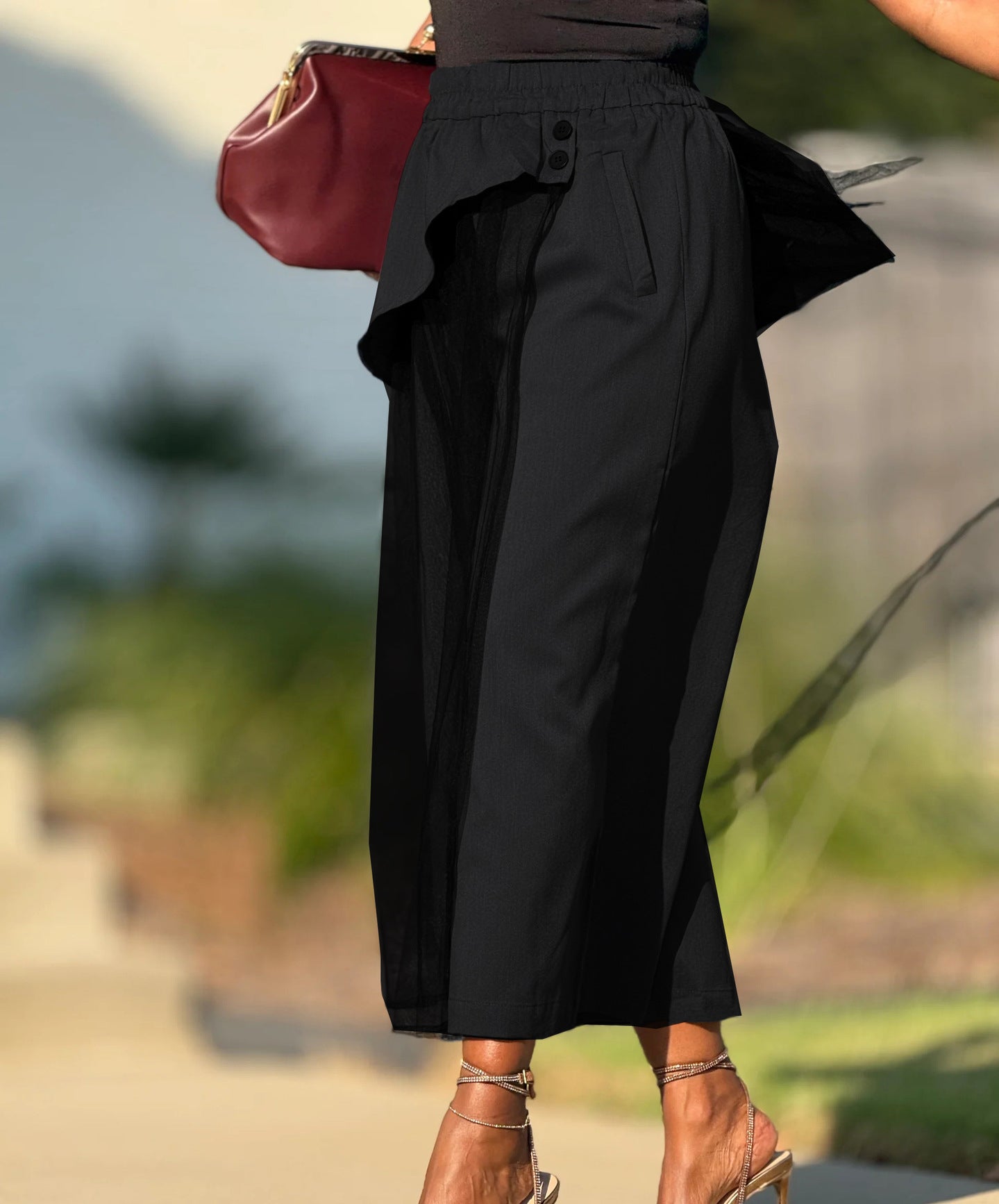 Women's Patchwork Mesh Fashion Wide-Leg False Two-Piece Casual Pants 9