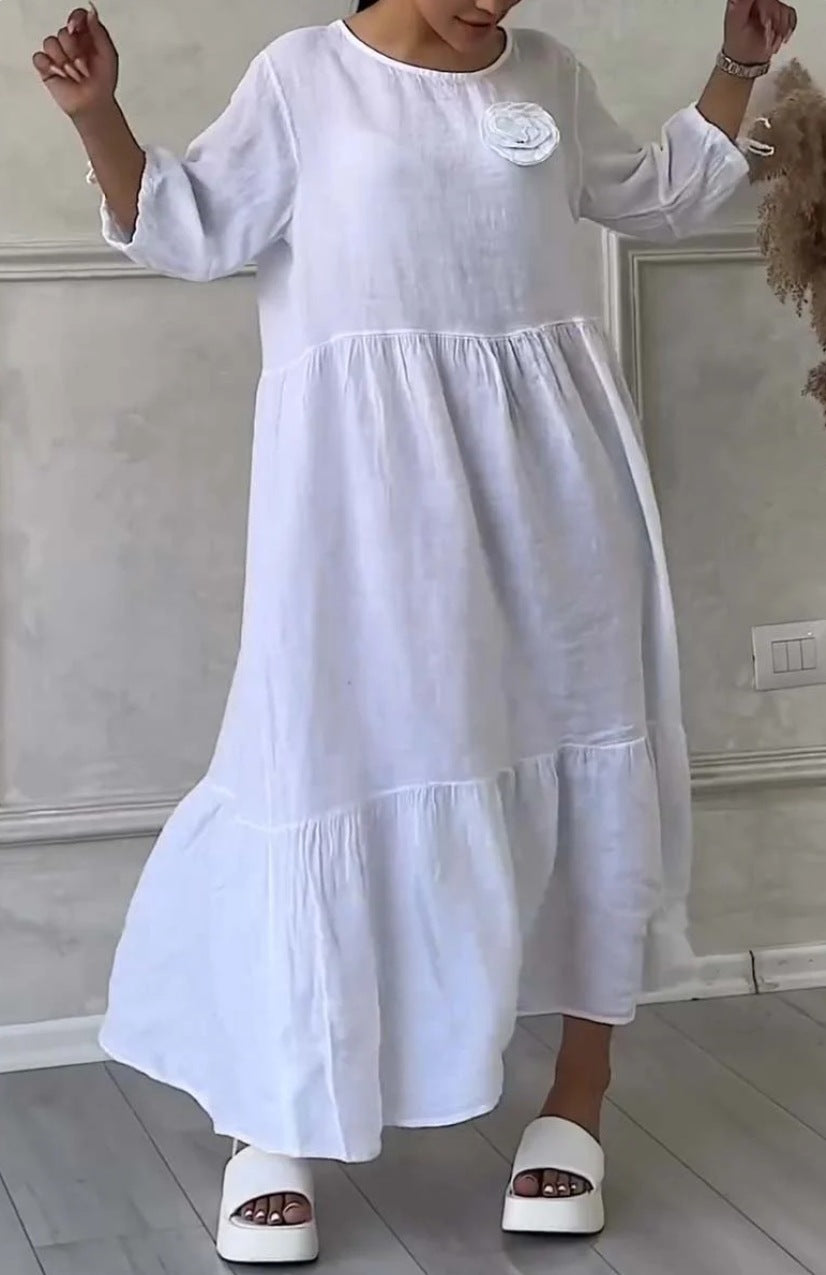 Women's Round Neck Pleated Long Sleeve Drawstring Back Tie Solid Color Casual Loose Dress 12