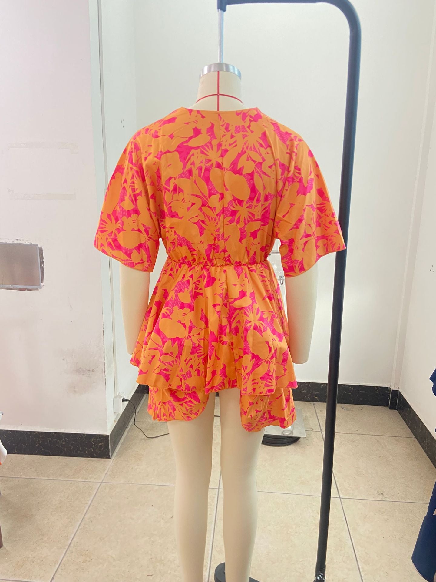 Autumn V-Neck Loose Bat Sleeves Print Dress Women's Clothing 23